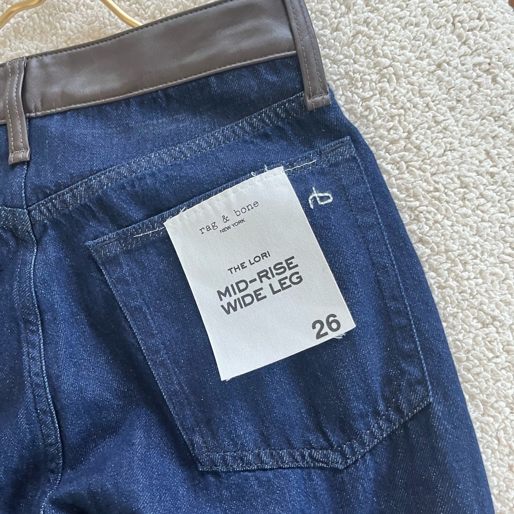 rag & bone Dark Blue wide Leg Jeans with Black Leather Lori midi size 26 cowgirl - Picture 10 of 16